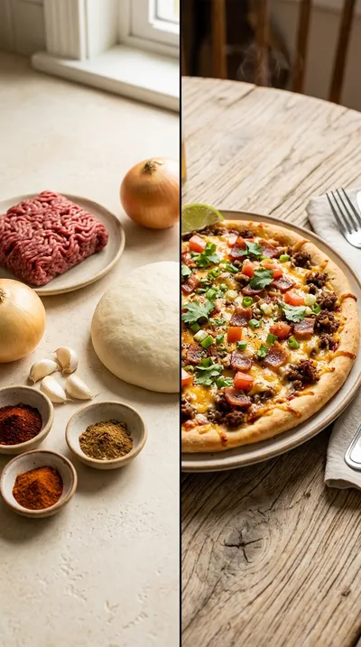 Beef Taco Pizza With Cheddar And Turkey Bacon - ready to serve