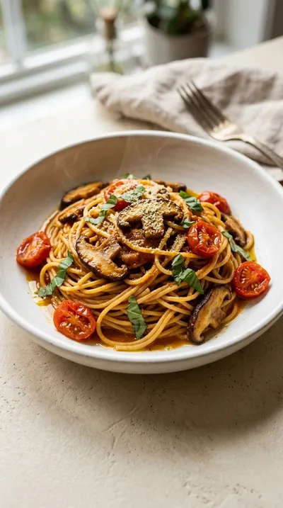 Miso Mushroom Noodles with Tomato Basil Sauce