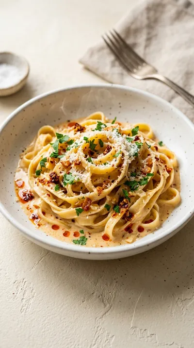 Chili Crisp Noodles with Garlic Parmesan Cream Sauce