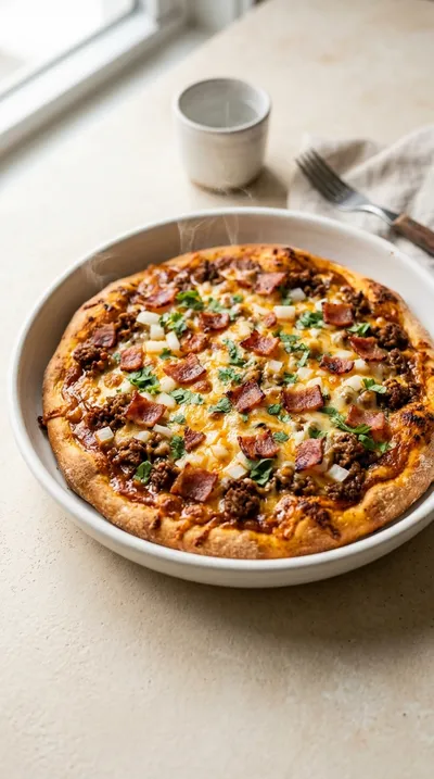 Beef Taco Pizza With Cheddar And Turkey Bacon
