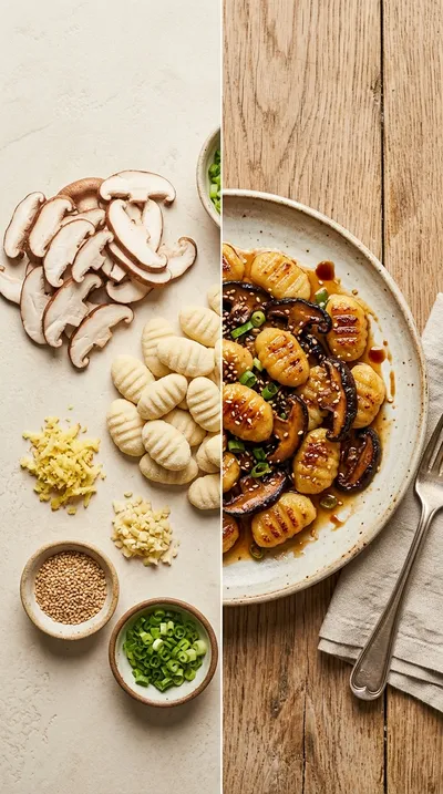 Mushroom Gnocchi with Sesame Ginger Sauce - ready to serve