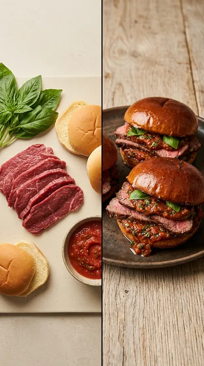 Roast Beef Sliders With Tomato Basil Sauce - ready to serve