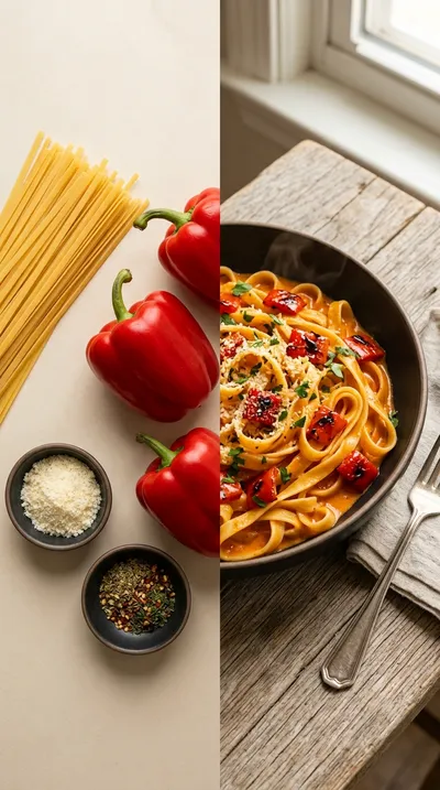 Roasted Red Pepper Pasta with Creamy Tuscan Sauce - ready to serve