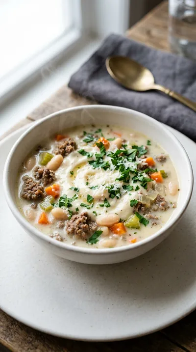 Beef Bean Soup with Garlic Parmesan Sauce