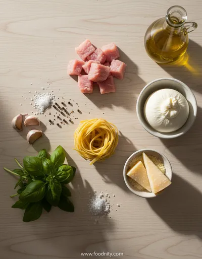 Creamy Basil and Garlic Pasta with Turkey and Burrata - ready to serve