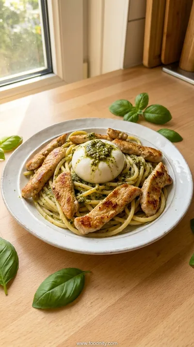 Creamy Basil and Garlic Pasta with Turkey and Burrata