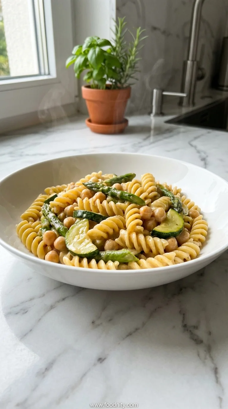 Creamy Chickpea and Spring Greens Pasta