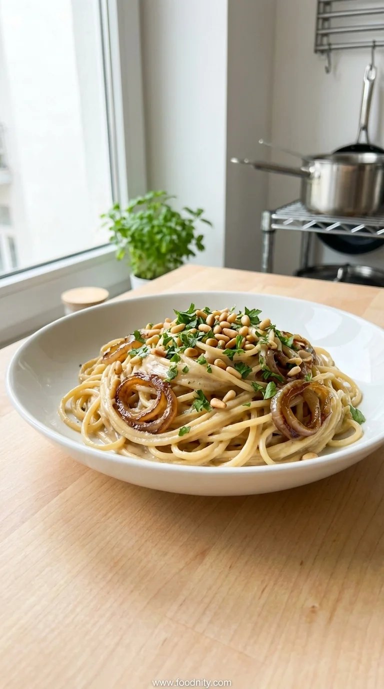 Creamy Vegan Caramelized Onion Pasta - feature image