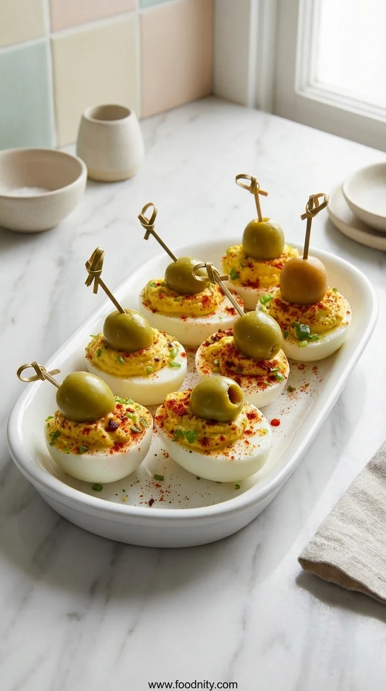 Deviled Eggs With Green Olive Garnish