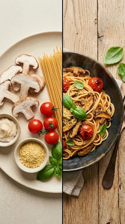 Miso Mushroom Noodles with Tomato Basil Sauce - ready to serve