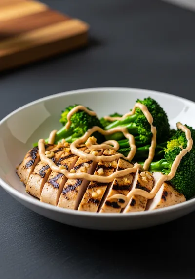 Grilled Chicken Broccoli Bowls with Creamy Garlic Sauce