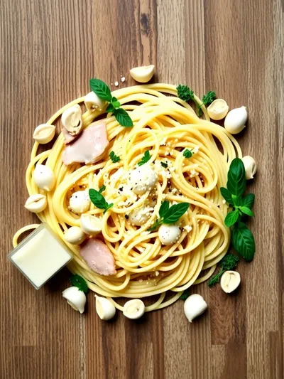 Italian Chicken Pasta in Creamy White Broth Parmesan Sauce - ingredients preparation