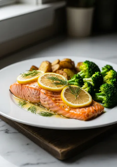 Lemon Butter Salmon with Crispy Potatoes and Broccoli