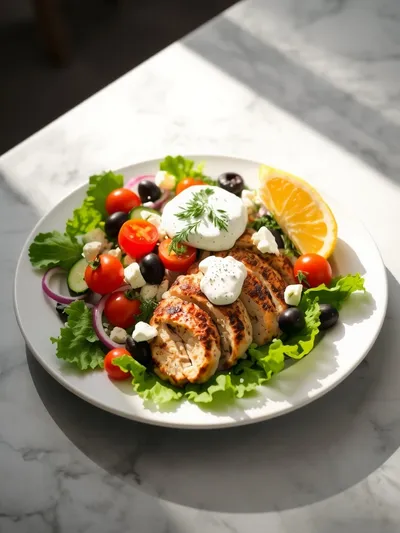Mediterranean Chicken Salad with Creamy Tzatziki - ready to serve