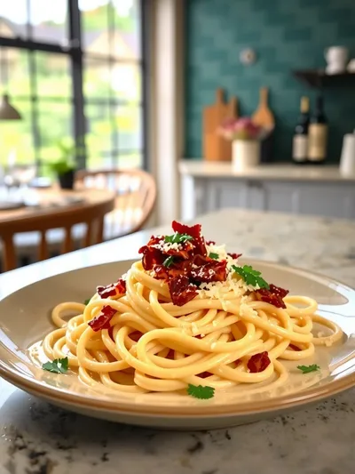 One Pot Creamy Bacon Garlic Pasta - ready to serve