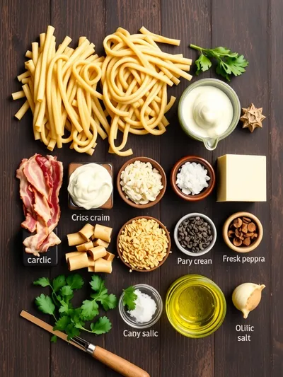One Pot Creamy Bacon Garlic Pasta - ingredients preparation