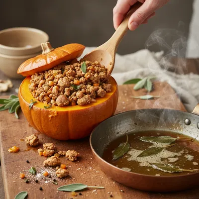 Ground Turkey & Brown Butter Sage Stuffed Pumpkins - cooking process