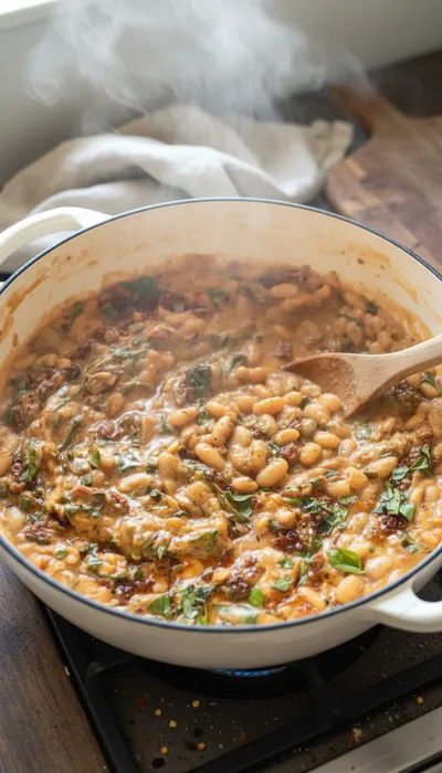 One Pot Creamy Sundried Tomato White Beans Recipe - cooking process