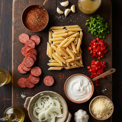 Creamy Cajun Sausage Pasta (One Pot Recipe) - ingredients preparation