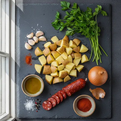 Spanish Potato Soup with Chorizo - ingredients preparation
