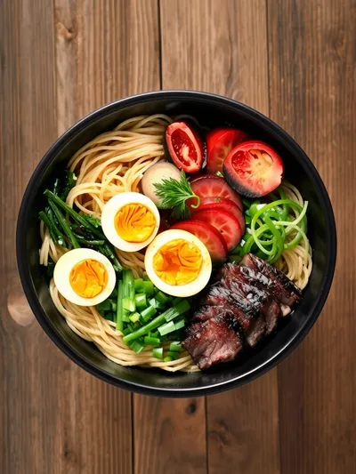 Ramen Noodle Bowl with Wagyu Steak & Marinated Eggs - ingredients preparation
