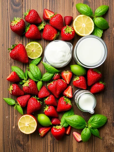Roasted Strawberries Lime Basil Ice Cream - ingredients preparation