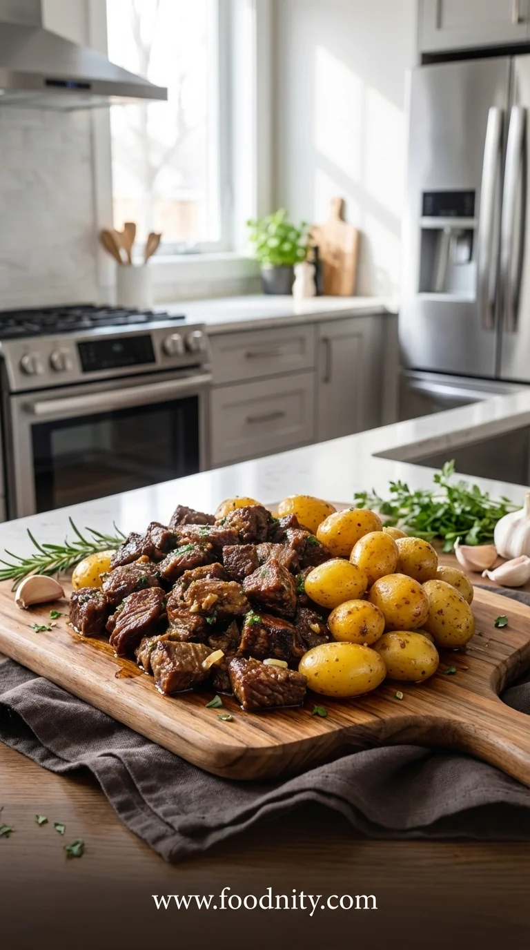Slow Cooker Garlic Butter Beef Bites With Potatoes - feature image