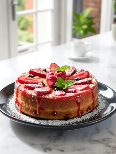 Strawberry Rhubarb Upside Down Cake - ready to serve