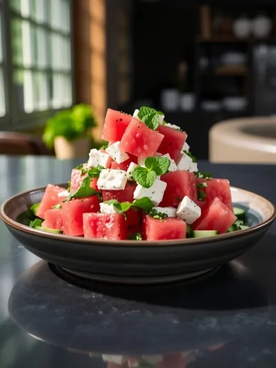 Watermelon Cucumber Feta Salad - ready to serve
